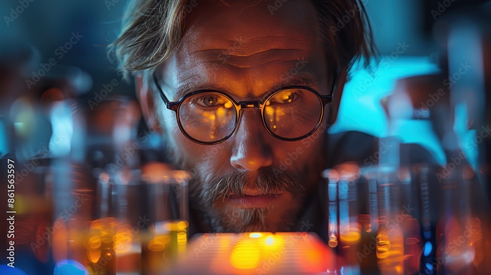 A scientist in a lab coat focuses on experiments amid colorful test tubes and equipment, embodying the dedication and meticulous nature of scientific research and innovation. A scientist in a lab coat focuses on experiments amid colorful test tubes and equipment, embodying the dedication and meticulous nature of scientific research and innovation.