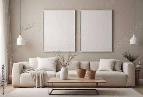 Mockup poster frames on the wall of the bedroom. Modern Interior mockup. Apartment background. Modern Japandi interior design. 3D render