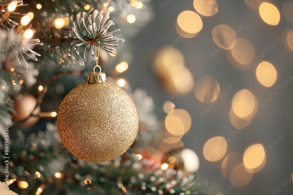 Glittering Gold Christmas Ornament on Festive Tree Glittering Gold Christmas Ornament on Festive Tree