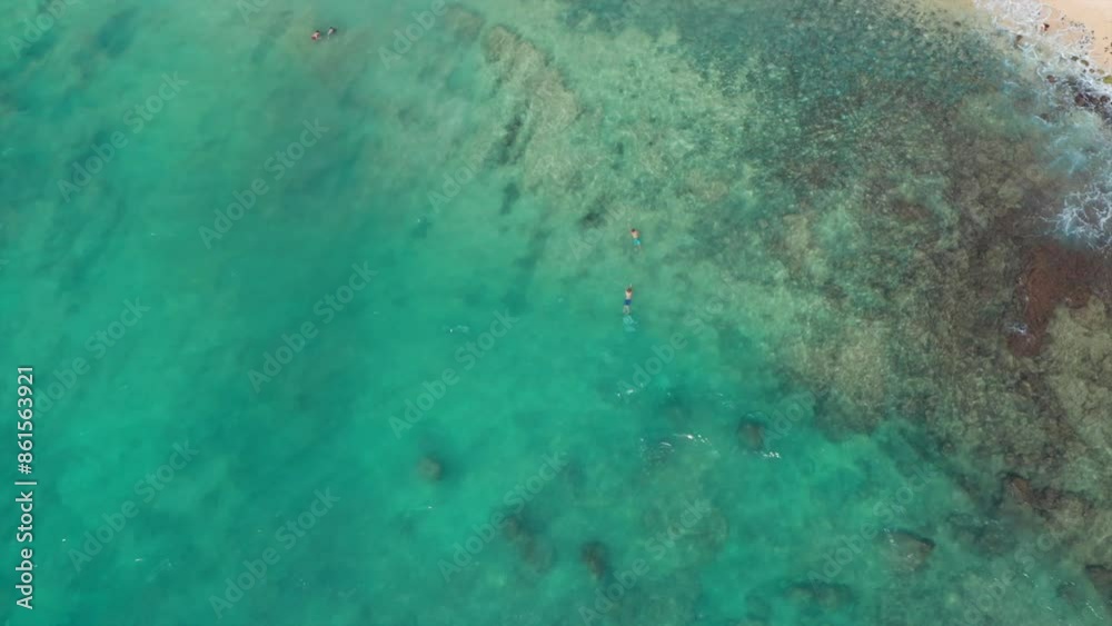 Beautiful swimming beach in Hawaii. Rolling breaking tiny small waves over rocks and reef on sandy beach on Hawaiian island. Top aerial down overhead drone view. Two swimmers in tropical water Beautiful swimming beach in Hawaii. Rolling breaking tiny small waves over rocks and reef on sandy beach on Hawaiian island. Top aerial down overhead drone view. Two swimmers in tropical water