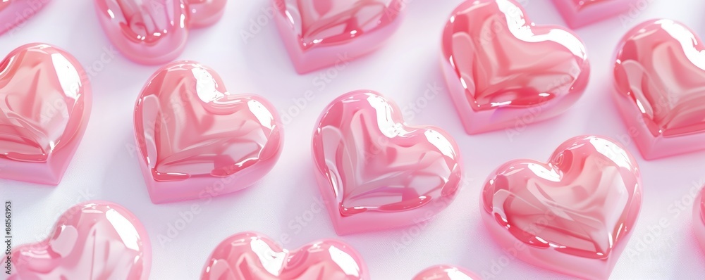 Glossy pink 3D heart shapes arranged in a pattern on a white background Glossy pink 3D heart shapes arranged in a pattern on a white background
