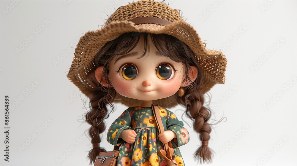 A super cute girl in a floral dress and boots, holding a bag with a surprised expression on a clean white background. A super cute girl in a floral dress and boots, holding a bag with a surprised expression on a clean white background.