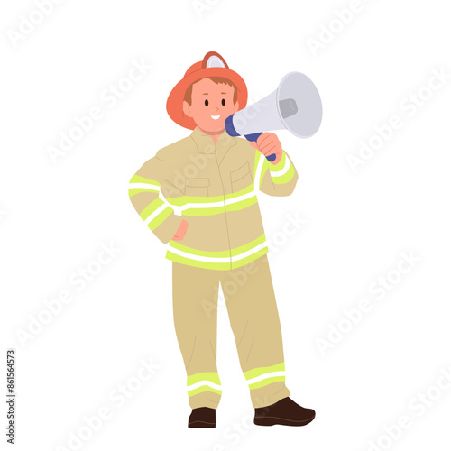 Brave preteen boy child isolated cartoon firefighter character speaking loud speaker megaphone