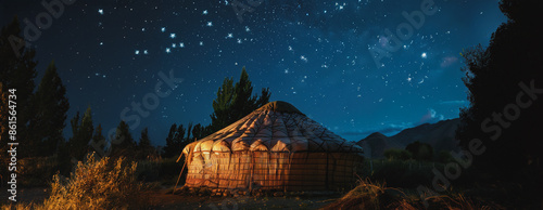 Traditional kyrgyz yurt under a starry night sky
