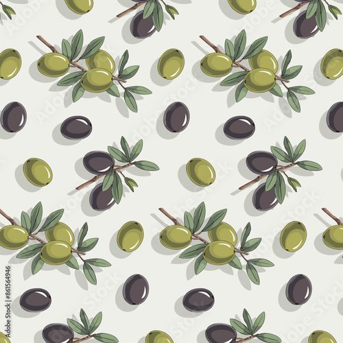 Vector pattern with multi-colored olives. Vector seamless pattern with olives on branches with leaves.