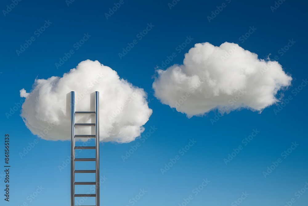 Blue sky with fluffy clouds and ladder implies upward journey Blue sky with fluffy clouds and ladder implies upward journey