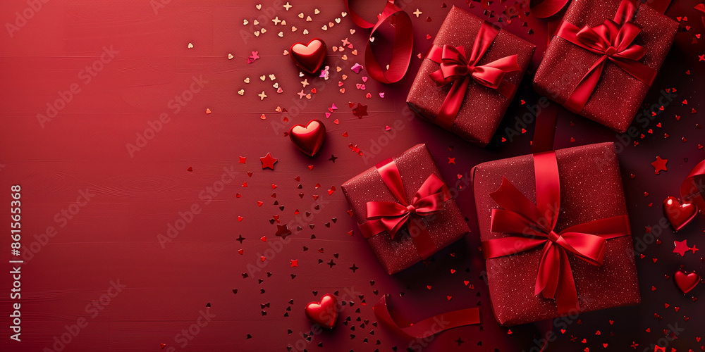 Valentine's Day banner concept with gift boxes and red hearts on a red background, top view. Ideal for Valentine's mockup and advertising design
Valentine's Day banner concept with gift boxes and red hearts on a red background, top view. Ideal for Valentine's mockup and advertising design