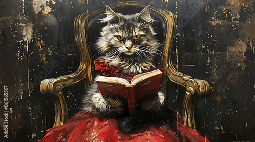 A cat in a red dress reads in an elegant, abstract pose on a chair, blending whimsy with sophistication, ideal for creative projects seeking charm and artistic flair