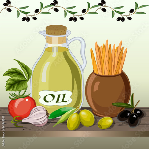 Bottle with olive oil and olives.Vector illustration with olive oil, olives and vegetables on a wooden tabletop.