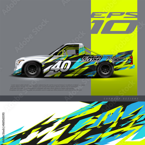 Racing pickup truck wrap design vector. Graphic abstract stripe racing grunge background kit designs for wrap vehicle, race car, rally, adventure and livery