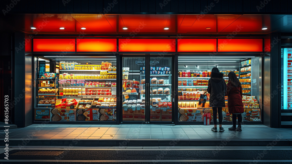 Mom, father and kid standing in a row in front of a single storefront window of a modern confectionary store,generative ai Mom, father and kid standing in a row in front of a single storefront window of a modern confectionary store,generative ai