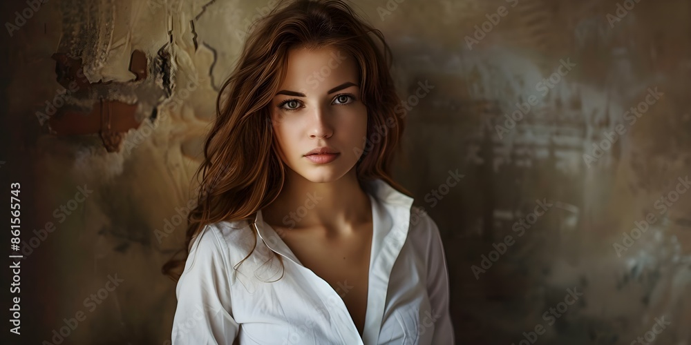 Portrait of a Woman in a White Shirt with Brown Hair. Concept Fashion Photography, Neutral Tones, Stylish Outfit, Elegant Poses, Natural Lighting Portrait of a Woman in a White Shirt with Brown Hair. Concept Fashion Photography, Neutral Tones, Stylish Outfit, Elegant Poses, Natural Lighting
