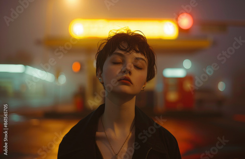 Portrait of a beautiful woman in a suit, with a bob hairstyle, eyes closed standing on the street with neon lights photo