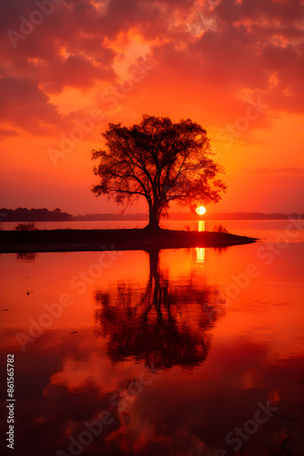 Fiery Horizons: A Mesmerising Blend of Sunrise and Sunset Colors Reflecting on a Calm Water Body © Sadie