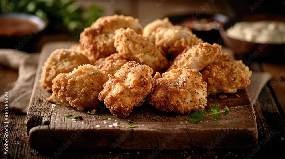 Crispy golden fried chicken pieces placed on a rustic wooden board, garnished with herbs, with dip and side dishes in the background. Crispy golden fried chicken pieces placed on a rustic wooden board, garnished with herbs, with dip and side dishes in the background.
