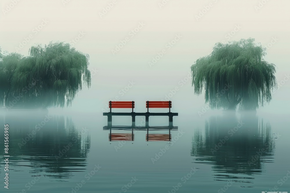 Obraz premium Minimalist wallpaper, minimalistic city park, calm and urban atmosphere, natural style, simple, light background, mobile phone wallpaper, clean lines, high resolution, digital art, park peace