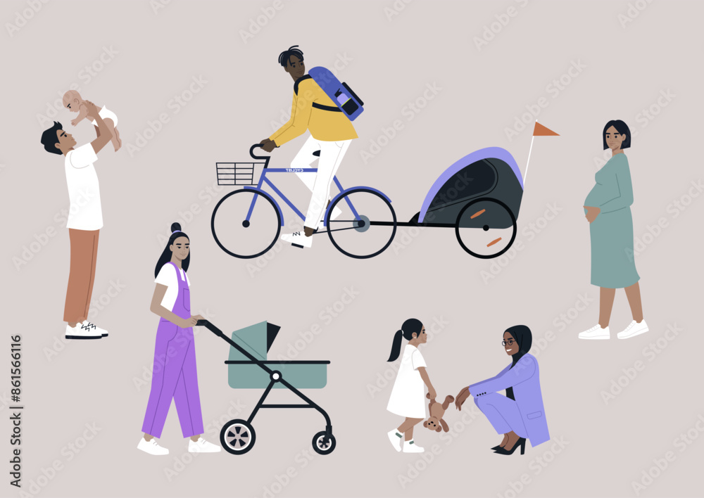 Parents seen in everyday activities, biking with a child trailer, holding a baby, pushing a stroller, spending time with a kid Parents seen in everyday activities, biking with a child trailer, holding a baby, pushing a stroller, spending time with a kid