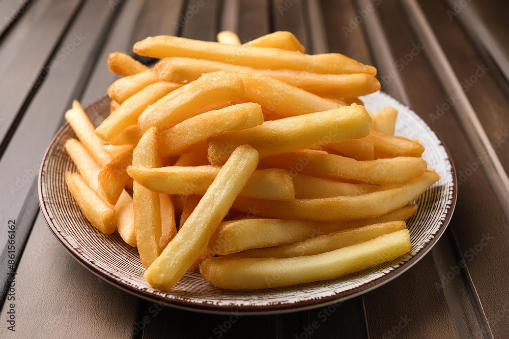 Plate of french fries on a. table Plate of french fries on a. table