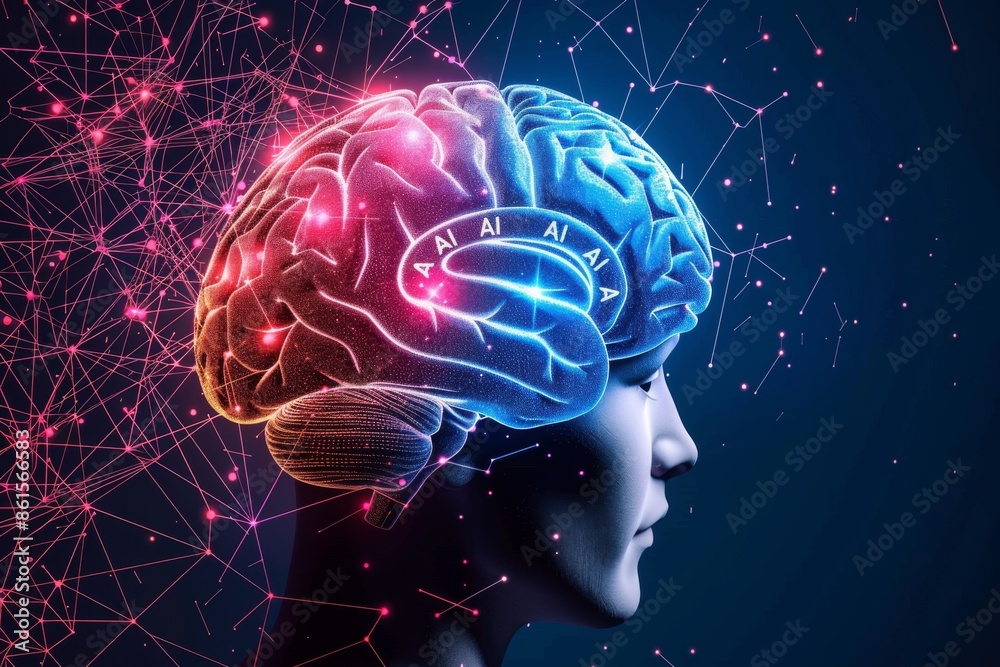 Digital illustration of a human head with a glowing AI brain, symbolizing the integration of artificial intelligence and human cognition Digital illustration of a human head with a glowing AI brain, symbolizing the integration of artificial intelligence and human cognition
