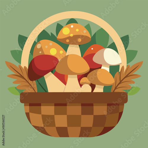 cartoon symbol of a mushroom basket Harvesting in autumn from forests
