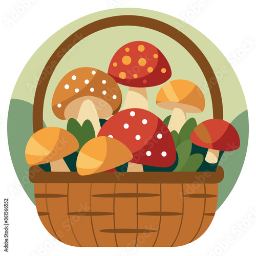 cartoon symbol of a mushroom basket Harvesting in autumn from forests
