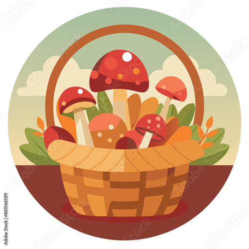 cartoon symbol of a mushroom basket Harvesting in autumn from forests
