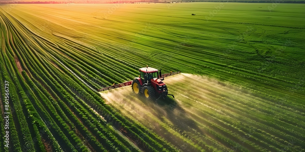 A tractor spraying pesticides in a vast green farm field. Concept Agriculture, Farming Practices, Pesticide Application, Crop Management, Agricultural Machinery A tractor spraying pesticides in a vast green farm field. Concept Agriculture, Farming Practices, Pesticide Application, Crop Management, Agricultural Machinery