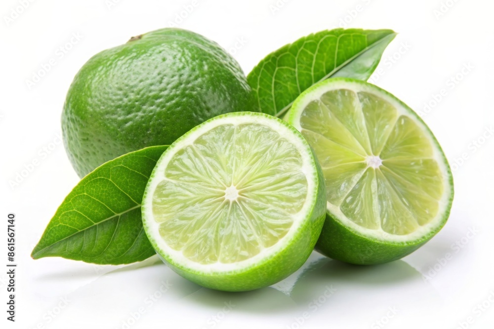 Lime isolated. Two halves of a ripe lime with leaves on a white background. Lime isolated. Two halves of a ripe lime with leaves on a white background.