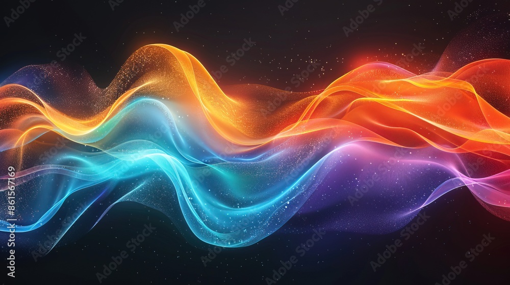 Fototapeta premium Vibrant rainbow, orange blue teal white psychedelic gradient color wave on black background, music cover dance party poster design