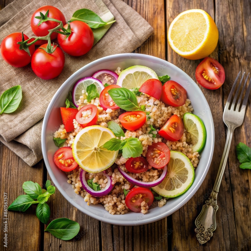 A refreshing tomato quinoa salad with lemon slices, cherry tomatoes, red onion, cucumber, and basil, perfect for the DASH diet. A refreshing tomato quinoa salad with lemon slices, cherry tomatoes, red onion, cucumber, and basil, perfect for the DASH diet.