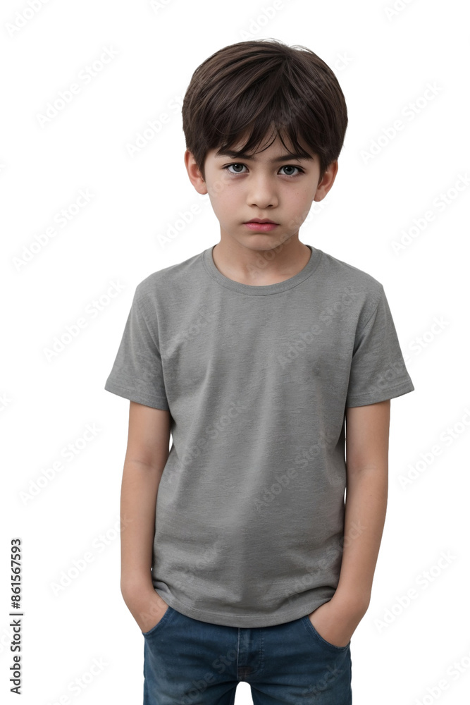 Young boy with angry or dissatisfied face standing, isolated, transparent background, no background. PNG. Young boy with angry or dissatisfied face standing, isolated, transparent background, no background. PNG.