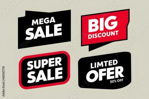 Four black and red promotional banners with up to 50% OFF offers