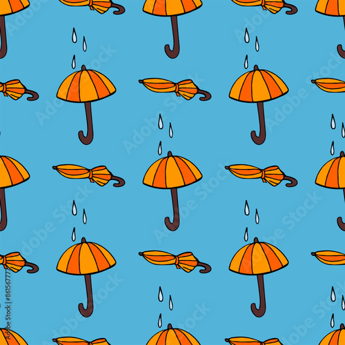 Seamless pattern with orange umbrellas on blue background. Vector image.