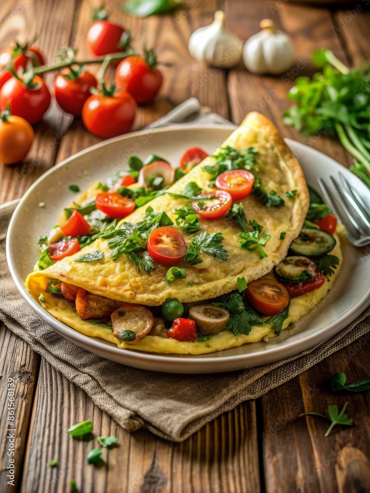 A vegetable omelette with cherry tomatoes, mushrooms, and spinach, garnished with fresh basil, suitable for a DASH diet meal. A vegetable omelette with cherry tomatoes, mushrooms, and spinach, garnished with fresh basil, suitable for a DASH diet meal.