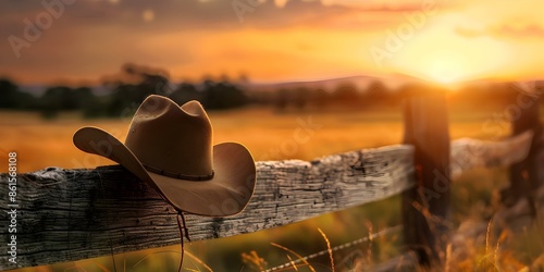 Fototapeta Naklejka Na Ścianę i Meble -  Cowboy hat resting on wooden fence at sunset symbolizing Wild West heritage. Concept Western Heritage, Cowboy Culture, Sunset Colors, Wooden Fence, Cowboy Hat