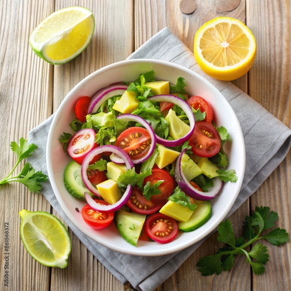 A classic salad with avocado, cherry tomatoes, red onion, and fresh herbs, garnished with lemon slices, perfect for the DASH diet. A classic salad with avocado, cherry tomatoes, red onion, and fresh herbs, garnished with lemon slices, perfect for the DASH diet.