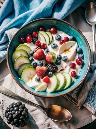 A refreshing bowl of yogurt topped with fresh fruits including kiwi, berries, and apple slices, ideal for a healthy breakfast in the DASH diet. photo