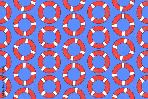 Seamless vector pattern featuring lifebuoys on a blue background. Perfect for summer-themed designs, textiles, and wallpapers.
