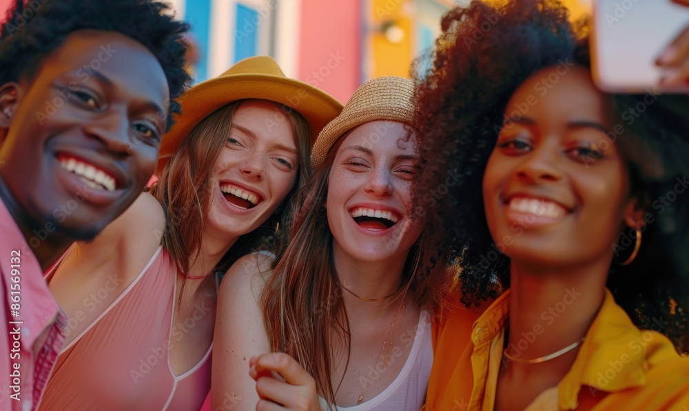 Happy group of multiethnic friends taking a selfie while having fun together Happy group of multiethnic friends taking a selfie while having fun together
