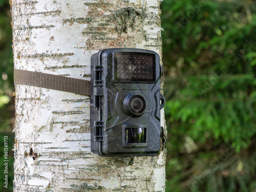 Camouflaged hunting camera on tree trunk. Hunting trail camera in forest. Nature observation opportunities photo
