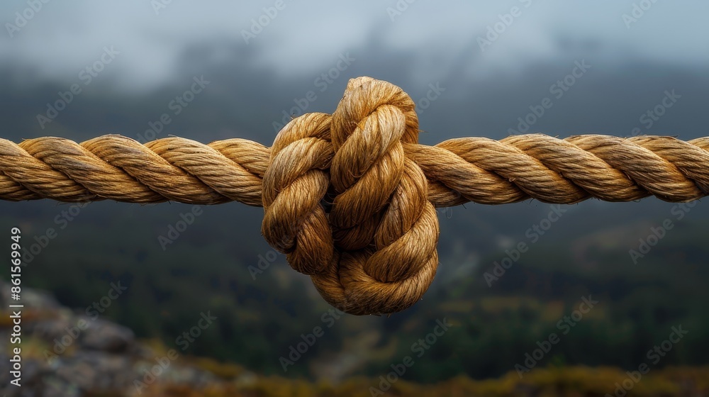 A large, sturdy rope knot against a blurry nature background, highlighting the simplicity and durability of traditional knot tying techniques, symbolizing strength and connection. A large, sturdy rope knot against a blurry nature background, highlighting the simplicity and durability of traditional knot tying techniques, symbolizing strength and connection.