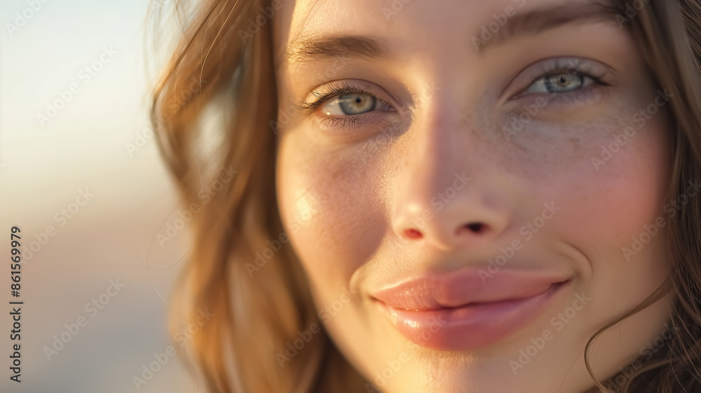 A close-up of a young woman with radiant, flawless skin, smiling gently A close-up of a young woman with radiant, flawless skin, smiling gently