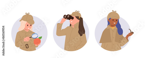 Set of round avatar composition with happy smart detectives girls children cartoon character