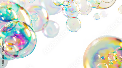 Several soap bubbles of varying sizes floating against a plain white background