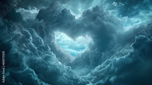 A heart-shaped cloud formed amidst dark, stormy clouds, with dramatic lighting and shades of gray and blue