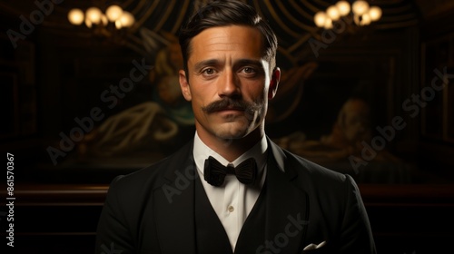 Portrait of a mustachioed Mexican in an unbuttoned shirt, made in the Art Deco style. A man in a 1930 suit. photo