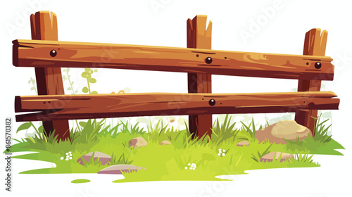 Cartoon rural wooden fence in green grass vector 