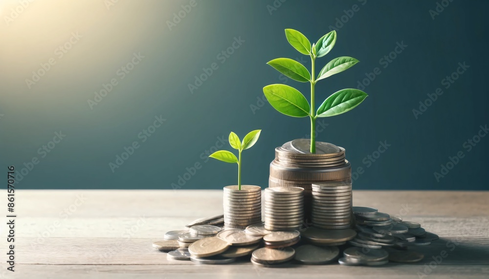 Money Growth Concept with Stacked Coins and Green Seedlings. Financial Success, Investment Opportunities, Economic Growth, and Sustainable Development Illustrated with Plants Growing from Coins Money Growth Concept with Stacked Coins and Green Seedlings. Financial Success, Investment Opportunities, Economic Growth, and Sustainable Development Illustrated with Plants Growing from Coins