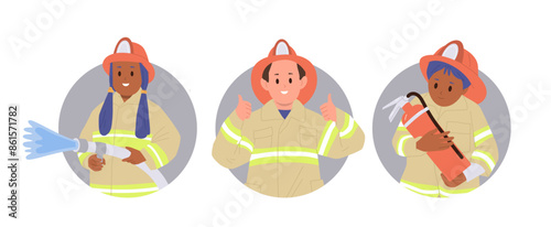 Set of flat avatar round composition with happy brave children firefighters cartoon character
