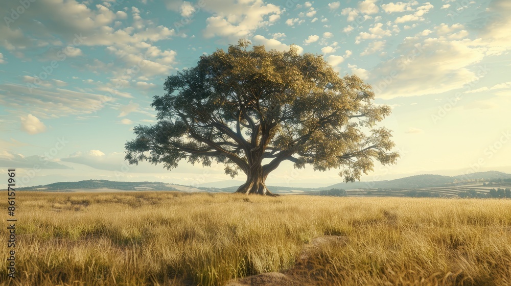 Obraz premium Majestic tree towering above the field, symbolizing strength and resilience in a vast open landscape.